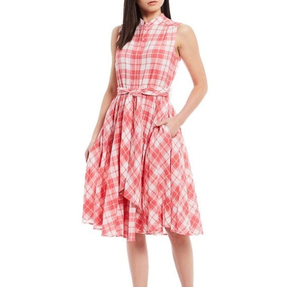 Banded Collar Sleeveless Plaid Button-Front Belted Shirt Dress